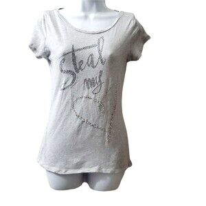 Express Womens Grey Rhinestone Blingee Steal my heart short sleeve Tee shirt